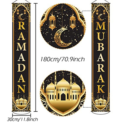 Ramadan Mubarak Banner Eid Mubarak Door Sign Hanging Banners Decoration Set for Ramadan Themed Party Indoor and Outdoor Party Supplies Decorations