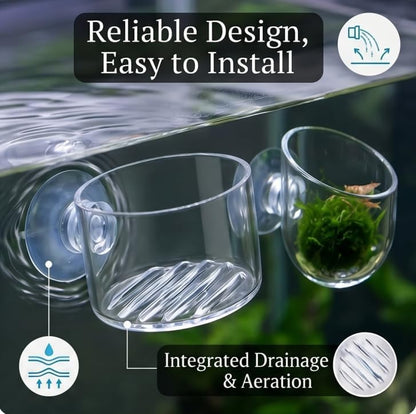 2Pcs Aquarium Plant Pot Set, Glass Fish Tank Plants Holder Aquarium Planter, Decoration Plants Cup with Suction Cups