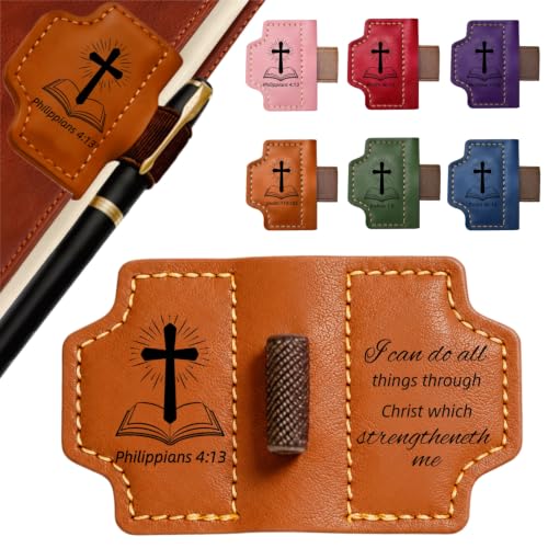 Magnetic Leather Bible Bookmark with Pen Holder, Philippians 4:13 Brown - color: Brown, size: Philippians 4:13