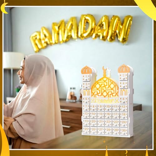 Glooglitter Wooden Ramadan Advent Calendar 30 Storage Drawers Ramadan Countdown Calendar 30 Days Advent Muslim Islam Castle Decorations for Eid Party Supplies