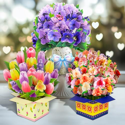 Magic Ants Pop Up Flower Bouquet Card Set – 3D Tulips, Violets & Carnations – Includes Blank Note Cards & Envelopes – for Mother's Day, Women's Birthdays, Get Well, Thank You, Sympathy - style: ‎Violets Tulips Carnations
