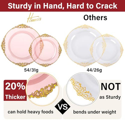Hioasis 175pcs Pink and Gold Plates - Pink Party Plates for 25 Guest, Include 50 Heavy-duty Plates(20% Thicker Than Standard), 75 Cutlery Set, 25 Napkin, 25 Cups for Party & Easter - color: Pink and Gold