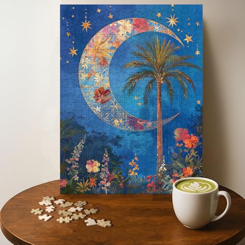 Islamic Crescent Moon Palm Tree Islam Jigsaw Puzzle - 500 Pieces Wooden Puzzle for Adults, Wall Art Gift, Finished Size: 20 x 15 Inch - color: Islamic Crescent Moon Palm Tree - 500 Pieces