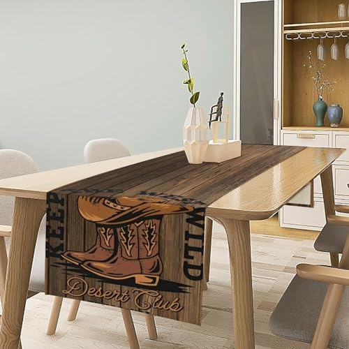 Rustic Western Table Runner, Wild West Cowboy Hat Boot Wooden Design Farmhouse Country Table Runner for Kitchen Dining Party, 13x36 Inch - color: Cowboy -9, size: W13"x L36"