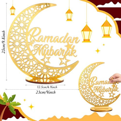 DoubleFill Acrylic Wooden Islamic Ramadan Decoration - 10 Inch Eid Tabletop Decors Ramadan Mubarak Centerpiece Islamic Mosque Muslim Table Sign Decoration Home Decor for Gift Eid Tabletop(Gold)
