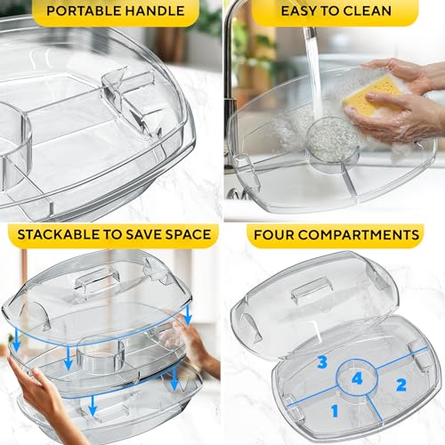 Premium Chilled Serving Tray for Parties - 15" Ice Chilled Party Platter w/Lid & Dip Holder - Functional Cold Dish w/ 4 Compartments - Perfect for Fruits, Veggies, Shrimp Cocktail - Keeps Food Cool