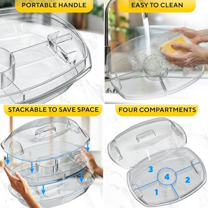 Premium Chilled Serving Tray for Parties - 15" Ice Chilled Party Platter w/Lid & Dip Holder - Functional Cold Dish w/ 4 Compartments - Perfect for Fruits, Veggies, Shrimp Cocktail - Keeps Food Cool