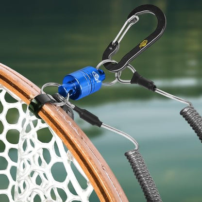 SF Strongest Magnetic Net Release Magnetic Keychain Fly Fishing Net Retractor Magnet Clip Holder Retractor with Retractable Coiled Lanyard Carabiner - color: Blue Magnet+ Black Aluminum Alloy Hook