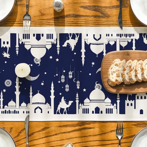 Artoid Mode Blue Silhouette Castle Camel Ramadan Table Runner, Seasonal Kitchen Dining Table Decoration for Home Party Decor 13x72 Inch