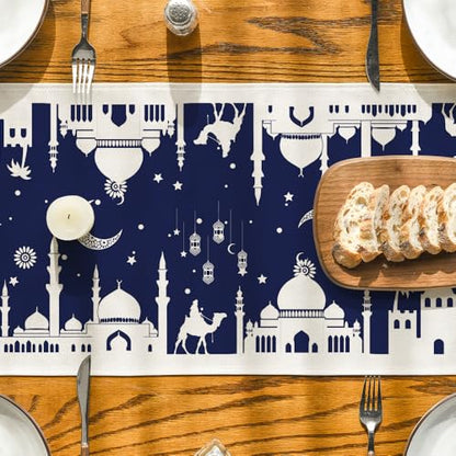 Artoid Mode Blue Silhouette Castle Camel Ramadan Table Runner, Seasonal Kitchen Dining Table Decoration for Home Party Decor 13x72 Inch