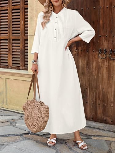 Celmia Autumn Solid Loose Long Maxi Dress Cotton Caftan - color: Pleated White, size: Large