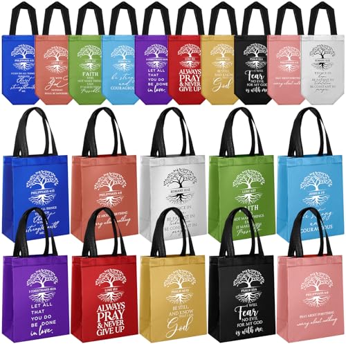 Sweetude 30 Pcs Christian Bag Bulk with Handle Religious Medium Size Bible Verse Reusable Non Woven Handbag for Coworker Men Women Grandparent Day Church Halloween Party Favor Bags(Colorful) - color: Colorful