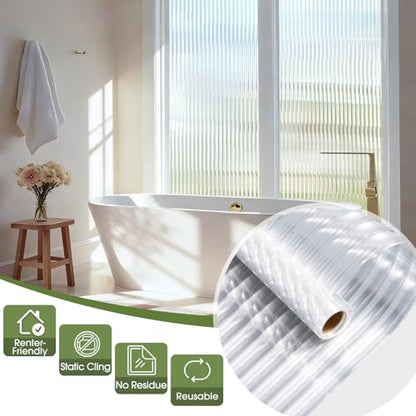 Reeded Glass Window Privacy Film 3D Static Cling, 23.6 x 78.7'' | Upgrades Fluted Lines Easy Cut, Bathroom Door Privacy Day Night, Non Adhesive Clings with Tools Kit, Anti-UV Heat Blocking - color: Clear, size: 23.6 x 78.7 Inch