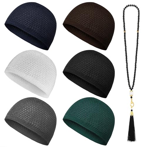 Kufi Hats for Men Stretchable and Breathable Crochet Taqiyah Soft Islamic Prayer Cap Comfortable Skull Beanie for Large Head Sizes 6 Pack with 99 Beads Tasbih Multi
