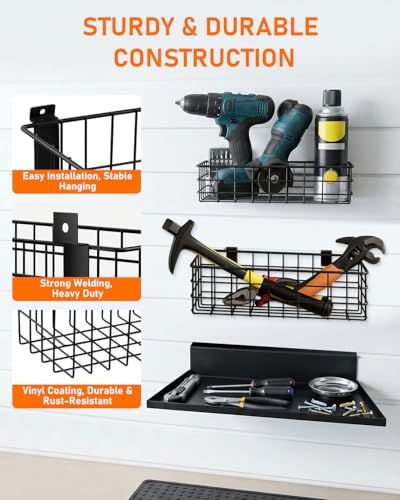 ZORUNNA Slatwall Baskets with Zipper, 6PCS Heavy-Duty Slatwall Hooks, 2PCS Metal Slat Wall Basket and 2PCS Slatwall Shelves Accessories, Wall Storage Organizer for Garage, Sports Gear, Toy, Laundry. - size: 16x15x11'+ 2*Metal Basket+ 2*Shelves