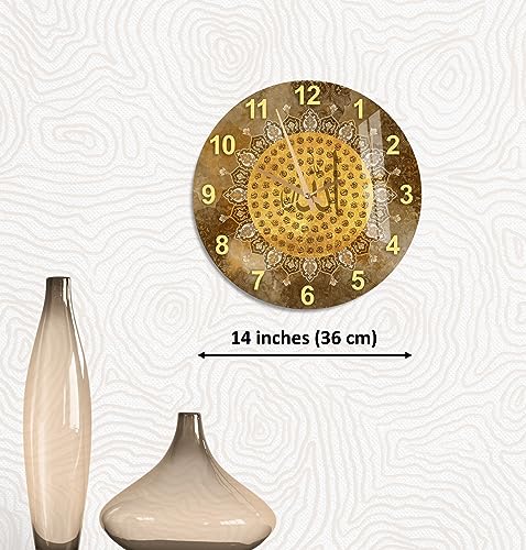 Tempered Glass Islamic Wall Clock, Islamic Wall Art for Living Room, Islamic Wall Decor, Eid Gifts, Muslim Home Decor, Quran, Ramadan Decoration, Arabic Calligraphy (Brown Names of Allah) - style: Brown Names of ALLAH