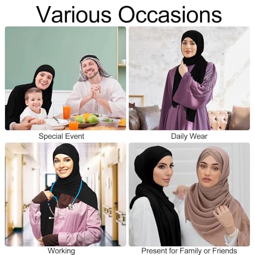 XEPST Instant Hijab for Women, Islamic Muslim Chiffon Hijab with Matching Tie Back Hijab Undercap Soft Instant Hijab Ready to Wear Solid Color Headscarf Turban Wrap Hijab Scarf for Women, Black