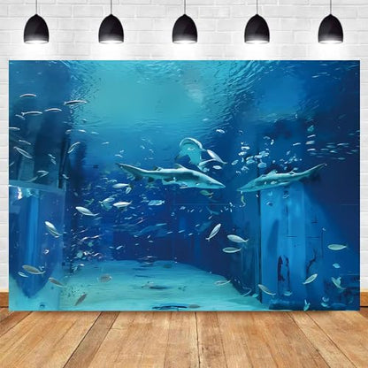Yongqian 7x5ft Shark Fish Under The Sea World Photography Backdrop Baby Shark Sea Animal Backdrop Birthday Party Decoration Aquarium Ocean Background Photo Booth