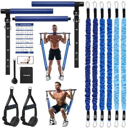 Upgraded Pilates Bar Kit with Resistance Bands Natural Latex for Women & Men, Heavy-Duty Stainless Steel Multifunctional Yoga Pilates Stick for Home Gym Exercise Fitness Equipment Full-Body Workouts - color: Blue