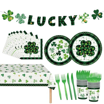 98PCS St Patrick's Day Party Supplies Green Irish Shamrock Tableware Set Lucky Shamrock Birthday Party Supplies St Patrick's Day Party Decorations Irish Shamrock Paper Plates and Napkins for 16 Guests - style: St. Patrick's Day