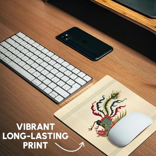 3dRose LLC 8 x 8 x 0.25 Inches Mouse Pad, Moss Green, Teal and Maroon Swooping Chinese Rooster with Cream Background and Dark Line Accents (mp_53932_1)