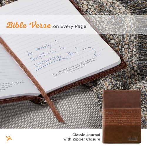 Classic Faux Leather Journal Strong and Courageous Joshua 1:57 Bible Verse, Brown Inspirational Notebook, Lined Pages w/Scripture, Ribbon Marker, Zipper Closure