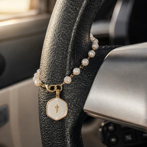 Steering Wheel Charm, Adjustable Car Rosary for Rearview Mirror, Pearl Chain with Cross Pendant Steering Wheel Rosary Protection Charm Decor, White