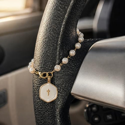 Steering Wheel Charm, Adjustable Car Rosary for Rearview Mirror, Pearl Chain with Cross Pendant Steering Wheel Rosary Protection Charm Decor, White
