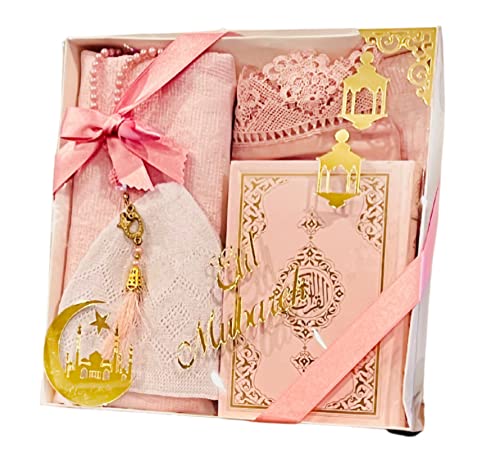 Eid Gift Set - Prayer Rug (Janamaz), Scarf, Prayer Cap, Pearl Tasbih & Quran, 5pcs Islamic Essentials (Pink) - color: Pink
