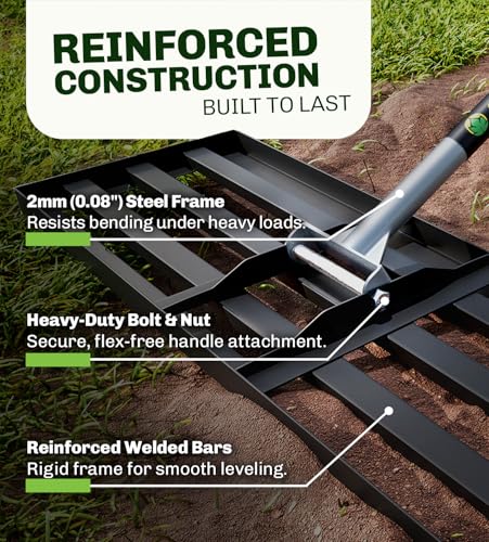 Gardease Lawn Leveling Rake, 30" x 10", Heavy Duty Steel Lawn Leveler | 2mm reinforced steel resists bending. Powder-coated rust protection. Easy 3-piece assembly. Lifetime replacement guarantee.