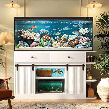 55-75 Gallon Aquarium Stand with Power Outlet & LED Light, Heavy Duty Fish Tank Stand with Sliding Barn Doors, Storage Cabinet for Turtle Tank & Reptile Terrarium, 1200LBS (White-2) - color: White-2