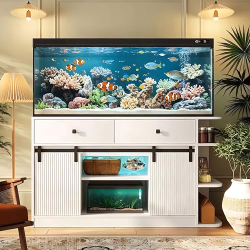 55-75 Gallon Aquarium Stand with Power Outlet & LED Light, Heavy Duty Fish Tank Stand with Sliding Barn Doors, Storage Cabinet for Turtle Tank & Reptile Terrarium, 1200LBS (White-2) - color: White-2