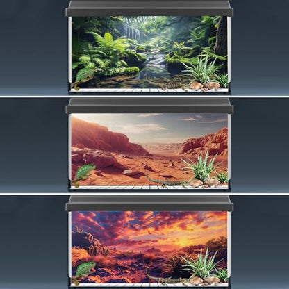 3 Pack Terrarium Background, 48x18 inch Polyester Reptile Background | Cloth Terrarium Background, Gobi Sunshine Cactus Stone & Green Tree Fern Stream Backgrounds, Backgrounds for Reptile Tank - size: 48x18 Inch