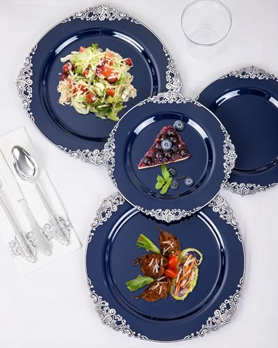 Hioasis 175pcs Blue and Silver Plastic Plates - Elegant Disposable Dinnerware Set Suitable for 25 Guests Include 10.25" Dinner & 7.5" Dessert Plates, Cutlery, Napkins, Cups for Party & Wedding - color: Blue and Silver