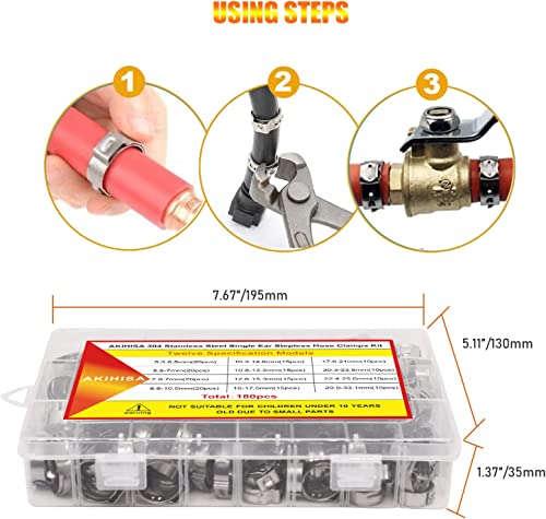 AKIHISA 180 PCS Single Ear Hose Clamps, 12 Sizes 5.3-33.1mm Crimp Hose Clamps with Ear Clamps Pincer, 304 Stainless Steel Crimp Pinch Fitting Tools Kit - size: 180Pcs (5.3-33.1mm)