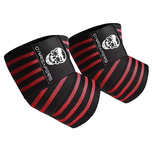 Gymreapers Weightlifting Elbow Wraps (1 Pair) - Flexible 40'' Elbow Compression Strap & Joint Support Brace - for Bench Press, Powerlifting, and Pressing - color: Red