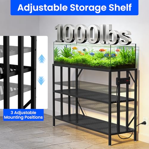 55-75 Gallon Fish Tank Stand with Power Outlet, Heavy Duty Metal Aquarium Stand, 3-Tier Adjustable Storage Shelf for Home and Office, 1000LBS Capacity, Black (Tank not Included) - size: 55-75 Gallon with Power Outlet