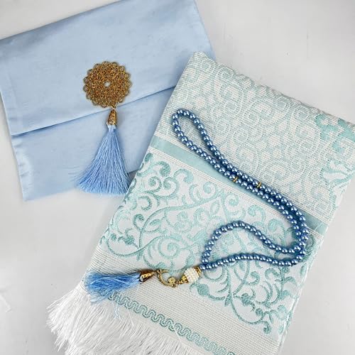 BABY SHOWER CHOCOLATE Muslim Prayer Rug and Tasbeeh Set with Portable Premium Shantung Bag – Soft Janamaz Sajadah for Men & Women – Islamic Gift for Ramadan, Eid, Hajj, Umrah – Travel Prayer Mat - color: Blue