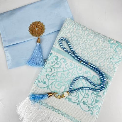 BABY SHOWER CHOCOLATE Muslim Prayer Rug and Tasbeeh Set with Portable Premium Shantung Bag – Soft Janamaz Sajadah for Men & Women – Islamic Gift for Ramadan, Eid, Hajj, Umrah – Travel Prayer Mat - color: Blue