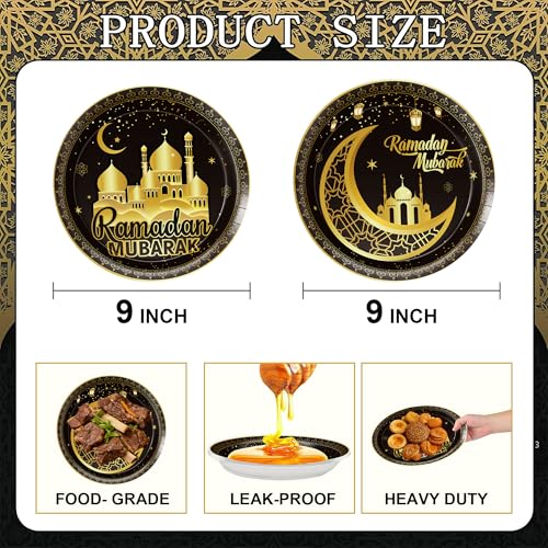 Ramadan Plates for Home Black and Gold Eid Mubarak Ramadan 9 Inch Paper Plates for Ramadan Party Decorations