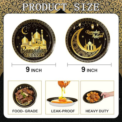 Ramadan Plates for Home Black and Gold Eid Mubarak Ramadan 9 Inch Paper Plates for Ramadan Party Decorations