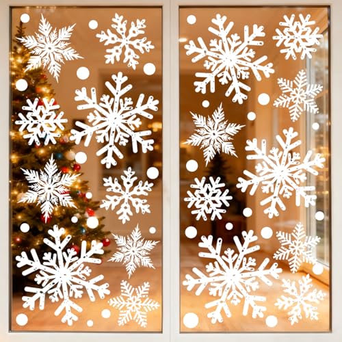 Christmas Window Clings,8 Sheet Extra Large Snowflake Double-Sided Window Clings Decals for Xmas Winter Theme Party New Year Supplies