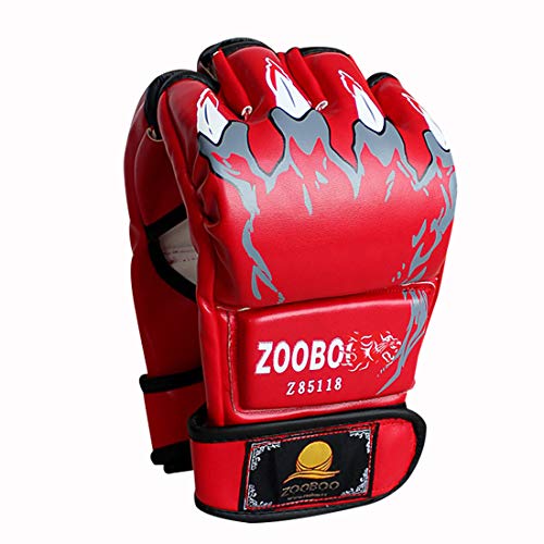 ZooBoo MMA Gloves, Half-Finger Boxing Fight Gloves MMA Mitts with Adjustable Wrist Band UFC Gloves for Sanda Sparring Punching Bag Training (One Size Fits Most) - color: HS-Red