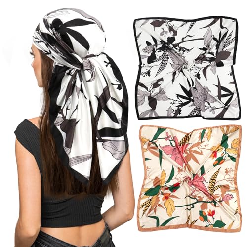 vimate 35" Square Silk Like Head Scarf - Women's Fashion Satin Scarf Bandana for Hair Wrapping at Night. - color: H4#. Style--140-2 Pack