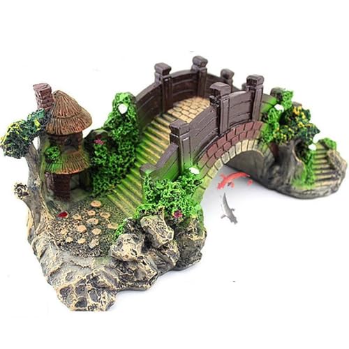 Miniature Garden Bridge Aquarium Decoration, Resin Asian Arch Bridge with Pagoda, Green Brown, 14x6x5.5cm, Fish Tank Ornament