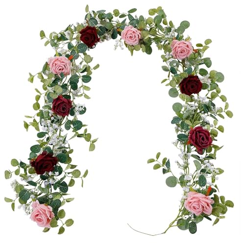 Anna's Whimsy 2PCS 5.91FT Artificial Eucalyptus Garland with Flowers, Fake Rose Gypsophila Garlands, Faux Floral Greenery Garland for Wedding Spring Home Party Table Runner Decor（Dusty Pink） - color: Dusty Pink, size: 2PCS