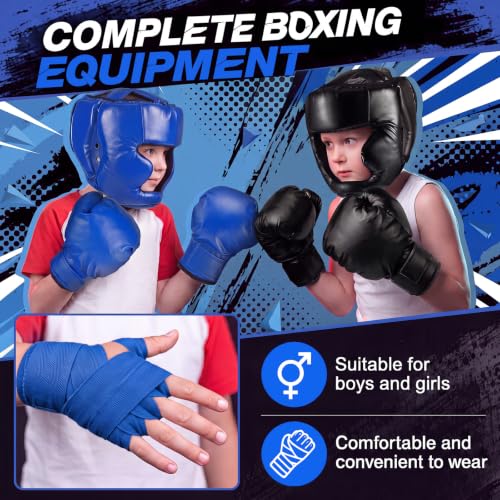 Kanayu 12 Pcs Kids Boxing Equipment Set for Beginners Ages 6-18 Years Including Boxing Helmet and Gloves Hand Wraps Sport Mouthguards Taekwondo Sparring Gear for Kids and Children - color: Blue, Black