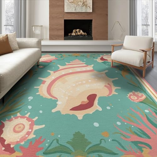 6'x9' Washable Beachy Seashell Area Rug, Seafoam Green Foldable Non-Slip Large Carpet for Queen Size Bedroom, Under Bed, Master Bedroom, Foldable Easy Care Carpet| Ref:1952455 - color: Green/Pattern 1, size: 6' x 9' (Rectangular)