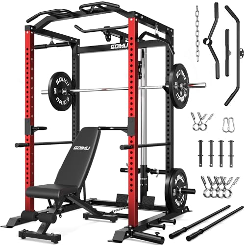 C1-V4 Power Cage, 2000LBS Squat Rack with LAT Pulldown, Multi-Function Weight Cage Strength Training Machine, Workout Cage with More Attachments for Home Gym Garage - style: 120LB Home Gym Package Rd