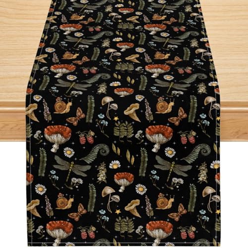 Woodland Mushroom Table Runner, Botanical Forest Design with Insects, Dragonfly, Snail, and Wildflowers, Nature-Themed Linen Tablecloth for Dining or Party Decor, 13x36 Inch - color: Black Mushroom, size: 13x36inch